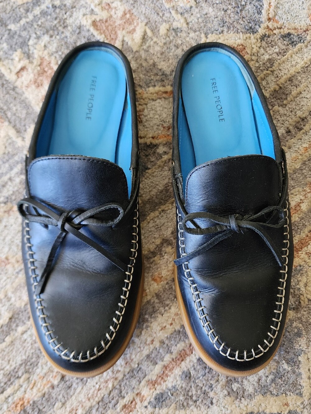 Free People Black Leather Moccasin Slip-On Loafers with Blue Insole